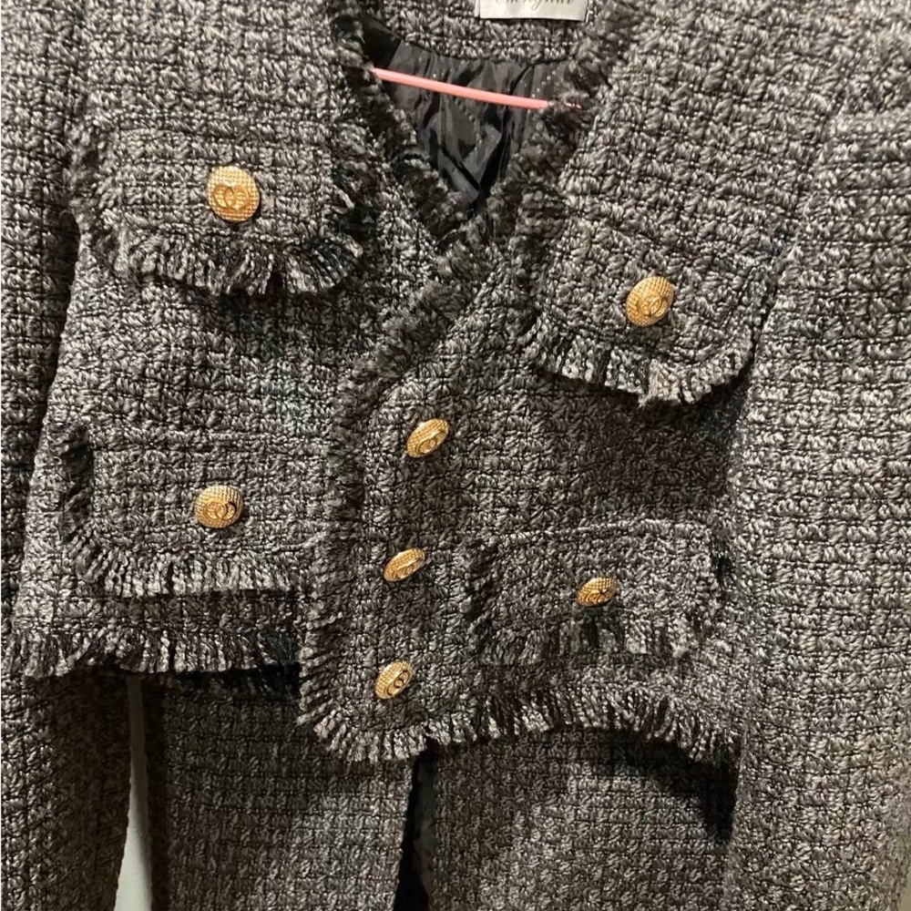 Grey tweed jacket skirt suit with golden button